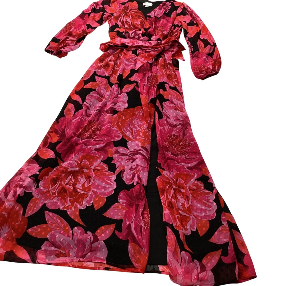 Premier Amour Floral Maxi Dress Pink Red Black Clip Dot V-Neck Long Sleeve Sz 2